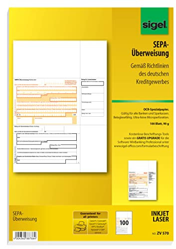 SIGEL ZV570 SEPA-Überweisungen, A4, 100 Blatt, Überweisungsträger / Zahlschein, mit gratis Beschriftungsvorlage