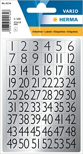 HERMA 4134 Zahlen Aufkleber silber 1-100, 216 Stück, 13 x 12 mm, selbstklebend, klein, Nummer Ziffer Klebezahlen Sticker Hausnummern aus Folie zum Aufkleben, schwarz
