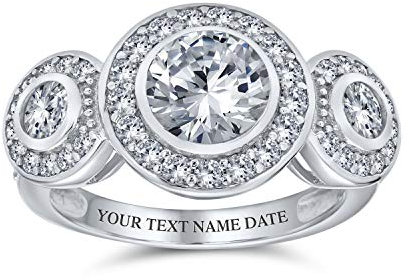 Personalisierte Art Deco Vintage-Stil Vergangenheit Gegenwart Zukunft Drei-Stein-Kreis Halo AAA Cubic Zirkonia Rund Solitär Verlobungsring Für Frauen .925 Sterling Silber Individuell Graviert