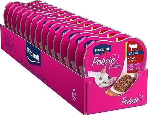 Vitakraft Poésie Création, Nassfutter Katze, Katzennassfutter in Sauce, mit Rind und Karotte, Vorratspackung, ohne Zusatz von Zucker und Getreide (15x 85g)