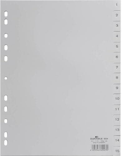 DURABLE Hunke & Jochheim Register, PP, 1 - 15, grau, DIN A4, 215/230 x 297 mm, 15 Blatt, 5 Stück