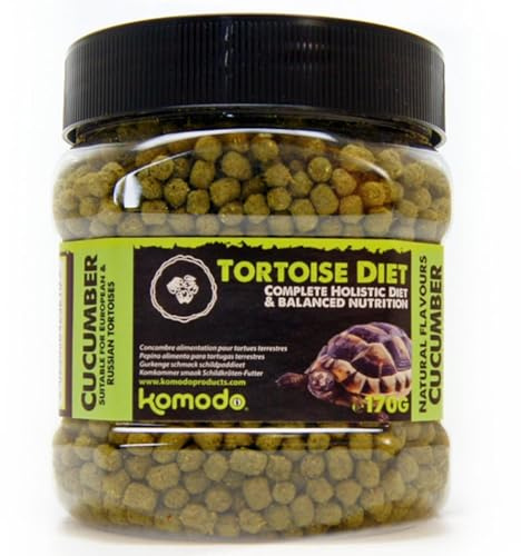 Komodo Complete Holistic Tortoise Diet, Cucumber 170 g tub | High-fibre grazing food for Hermann, Horsfield & Mediterranean tortoises – natural, low protein, feed with fresh greens