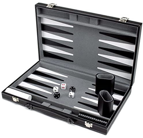 Brybelly Deluxe 38,1 cm Backgammon-Set mit genähtem schwarzem Kunstleder-Etui