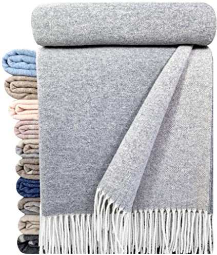 STTS International Kaschmir Decke Wolldecke Wohndecke 100% Wolle - Kaschmir - Mix 140 x 200 cm sehr weiches Plaid Kuscheldecke Faro Hellgrau-Weiß (Duo)