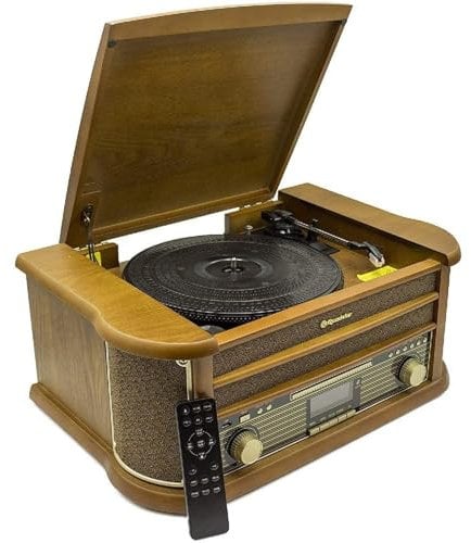 Roadstar HIF-1993BT Tocadiscos de Vinilo Vintage 33/45/78 RPM, Radio FM, Reproductor CD/CDR/CDRW/CD-MP3, Cassette, Bluetooth, USB Función Grabación, Mando a Distancia, Retro, Madera