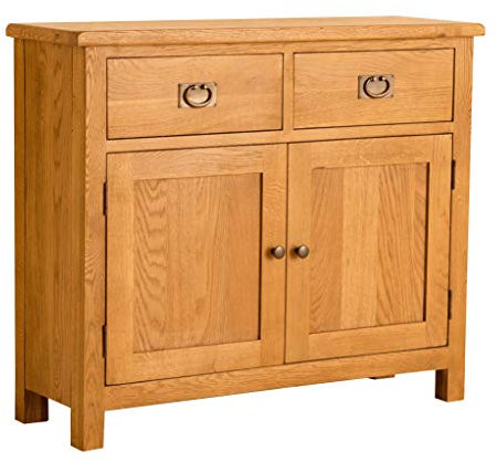 Lanner Oak Small Sideboard Cabinet | Traditional Rustic Waxed 2 Drawer Solid Wood Storage Cupboard for Dining Room, Hallway or Living Room | Fully Assembled 85 x 100 x 33.5 cm