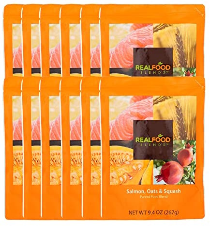 Real Food Blends Salmon, Oats & Squash - Pureed Food Meals for Tube Feeding with Protein, Vegetables & Fruits - 330 Calories for Lunch & Dinner - 9.4 oz (Pack of 12)
