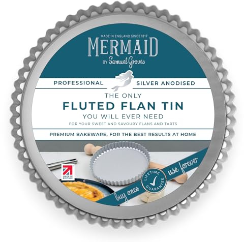 Mermaid 10 Silver Anodised Fluted Flan Tin Loose Base 25.5 x 2.5 cm – Non Toxic Professional Heavy Duty Aluminium, Naturally Non Stick, Silver Anodised Bakeware - Made in England By Samuel Groves