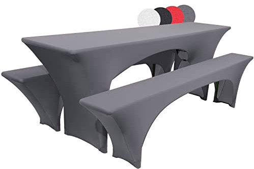 Beautissu Edles Stretchhussen Set 3tlg. Victoria - Elastische Hussen für Bierzeltgarnitur 220x70 cm – Festliche Husse Biertisch + 2 Bierbank - Bierzeltgarnitur Hussen in Anthrazit