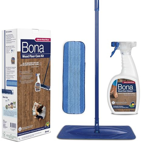 Bona - Kit Nettoyage Sol Pour Parquets - Balai Microfibre + 1000 ml Nettoyant Pour Parquets + 1 Pad en Microfibre, Gris