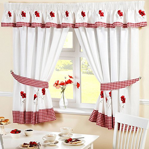 Homespace Direct Bestickte Blumen Gingham Kariert Mohn Bleistiftfalten Küche Vorhänge und Raffhalter, rot, Polyester, rot, 66 x 54-Inch