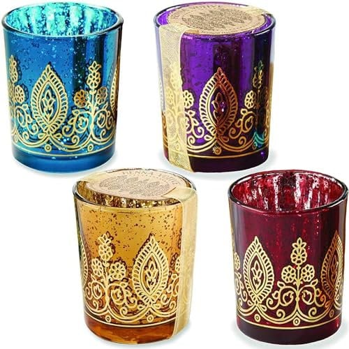 Kate Aspen Indian Jewel Henna Glass, Tealight Candle Holders Votives, Set of 4