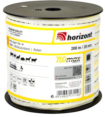 horizont Weidezaunband ranger T20-W, 200m lang, 12mm breit | für Zaunlängen bis 13km, 120kg Bruchlast, sehr geringer Widerstand, Elektrozaun, gute Sichtbarkeit