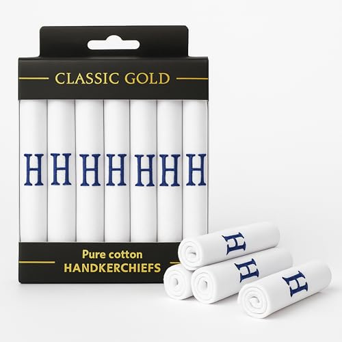 DUDU N GIRLIE 7 Stück weiße Satin-Taschentücher mit schwarzen bestickten Initialen, H, Einheitsgröße