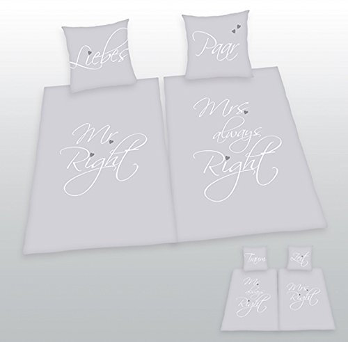 Klaus Herding GmbH Bettwäsche Doppelpack Mr. & Mrs. Right 2X Bezug 135x200cm 2X Kissen 80x80cm Hochzeitsgeschenk Wendemotiv 100% Baumwolle