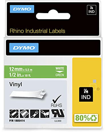 DYMO Rhino-Industrie-Vinyletiketten | 12 mm x 5,5 m | weiß auf grün | selbstklebendes Schriftband
