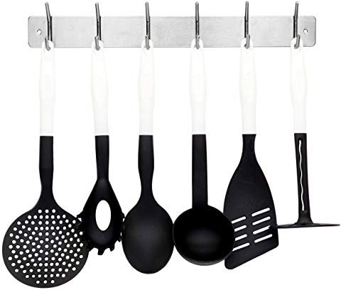 Lantelme Küchenutensilien und Küchenleiste Set 7 Teilig | Edelstahl Hakenleiste und Küchenhelfer Weiß Kunststoff Hitzebeständig | Kochbesteck mit Pfannenwender Kartoffelstampfer Suppenkelle (Weiss)