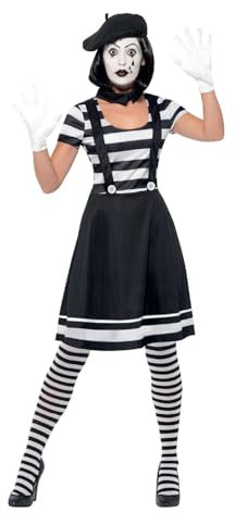 Smiffys Pantomime Kostüm für Frauen, Schwarz, Kleid, Kragen, Baskenmütze, Handschuhe, Strumpfhose & Schminke