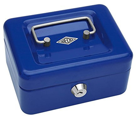 Wedo 145103X Geldkassette (aus pulverbeschichtetem Stahl, versenkbarer Griff, 4-Fächer-Münzeinsatz, Sicherheits-Zylinderschloss, 15,2 x 11,5 x 8,0 cm) blau