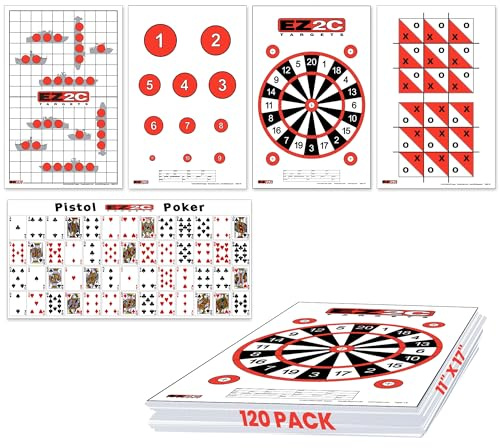 EZ2C 5 Bundle Pack of 120, Reducing Circles, Dartboard, Tic-Tac-Toe, Sink the Boats, Pistol Poker, Use Rifle Handgun on Paper Targets for Shooting range11 x17 Shooting Targets Paper