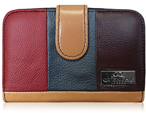 Quenchy London Geldbörse Aus Echtem Leder, RFID und NFC-Blockierung mit 2 Reißverschluss-Münzfächern, Damen-Geldbörse, 5 Münzfächer, 6 Kredit-Debitkarten-Fächer 14cm x10 x3 - QL841X Geschenkbox