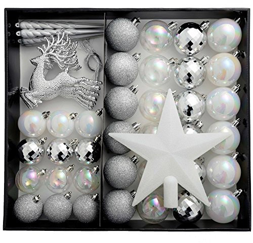 WeRChristmas Shatterproof Luxury Christmas Tree Baubles, 50-Piece - Silver/White/Pearl