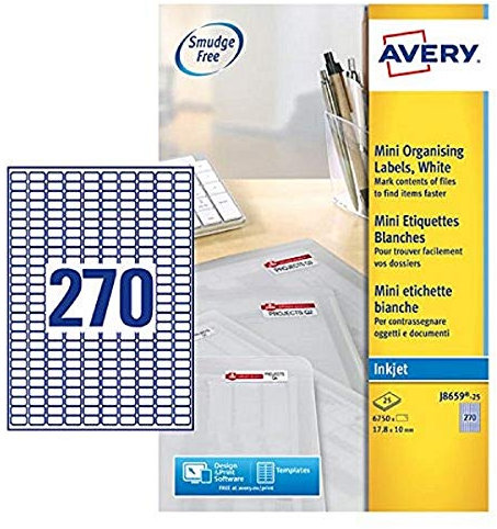 Avery Mini-Etiketten für Tintenstrahldrucker 270 pro Blatt 17,8 x 10 mm 6750 Etiketten weiß