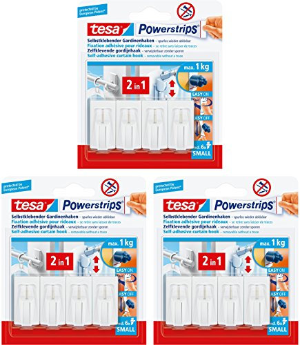 tesa Powerstrips Gardinenhaken, selbstklebend, weiß, 4 Stück (12 Haken, weiß)