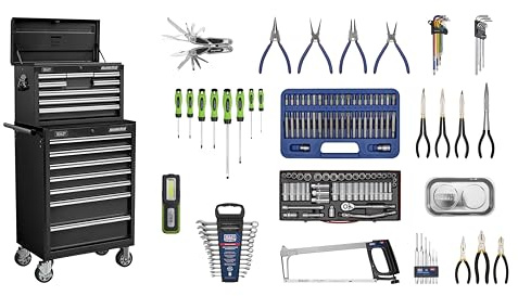 Sealey Topchest & Rollcab Combination 15 Drawer with Ball-Bearing Slides - Black & 148pc Tool Kit - APCOMBOBBTK58