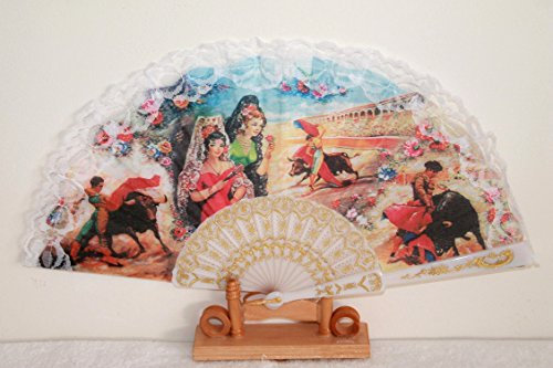 AAF Nommel®, Fächer Flamenco Weiss spanisch klassisch Stoff PVC Gold Bedruckt Nr. 220-04