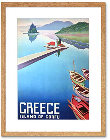 Wee Blue Coo TRAVEL ISLAND CORFU GREECE BOATS PIER FRAMED ART PRINT PICTURE & MOUNT F12X1248
