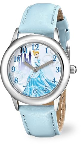 Disney Kids' W001598 Cinderella Montre en Acier Inoxydable avec Bracelet en Cuir Bleu