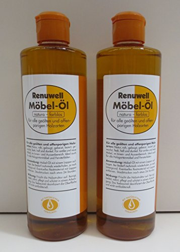 Renuwell Möbel-Öl, 2x 500 ml – Natürliches Pflegeöl für Holz mit Leinöl und Teebaumöl, farblos, Schutz für geölte und unbehandelte Holzoberflächen, Schweizer Qualität