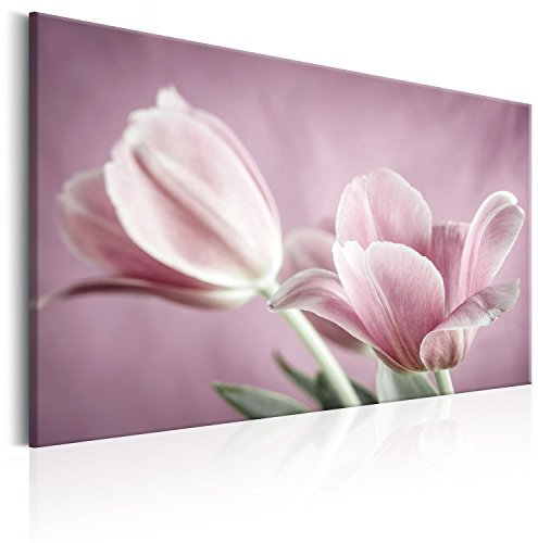 B&D XXL - Wandbilder Blumen 60x40 cm 1 tlg - Wand Deko Vlies Leinwand Bilder Groß Wanddeko Wohnzimmer Schlafzimmer Kunstdrucke - rosa Tulpen Natur Frühling b-B-0101-b-a