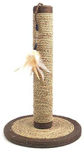 Rosewood Seagrass Cat Scratch Post, 46cm Tall with Hanging Feather Cat Toy, Durable & Stylish Scratching Post for Cats, Ideal for Claw Maintenance & Play