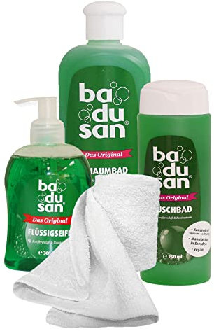 badusan Wohlfühlset Das Original 4-teilig Duschbad, Schaumbad, Flüssigseife Geschenkset mit Handtuch, Baden mit Badusan Pflegeset Beautyset Beautypaket