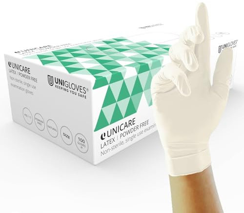 UNIGLOVES Unicare Latex-Einweghandschuhe - vielseitig einsetzbar, puderfrei, Untersuchungshandschuhe - Box mit 100 Handschuhen, naturfarben, groß (GS0014)