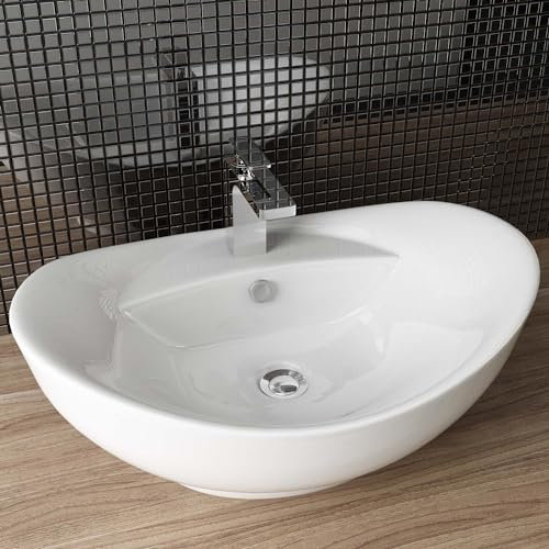Waschbecken24 | Aufsatzwaschbecken | Premium-Qualität | Einfache Installation | Modernes Design (59x39x21cm, Weiß / A82)