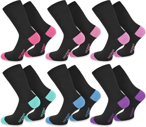 normani 6 Paar Baumwoll-Socken für Damen und Herren - schwarze Socken mit farbig abgesetzten Fersen und Zehen Farbe Pink/Rosa/Flieder/Mint/Türkis/Lila Größe 39/42