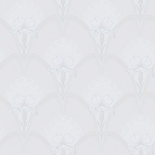 Jubileum 5493 Vliestapete Jugendstil Lilienornament Silber, zartgrau und - beige auf auf weißem Grund