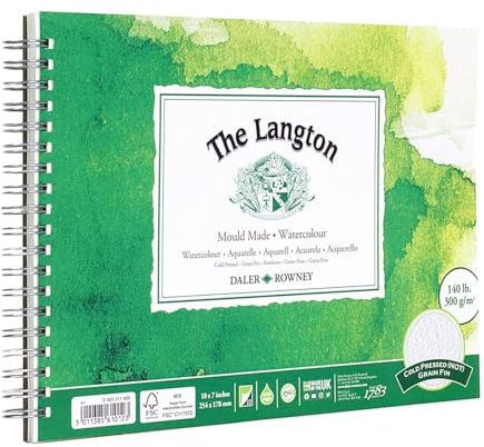 Daler-Rowney The Langton CP Watercolour 300gsm 10 x 7in Paper 12 Sheets | Cold-Pressed Watercolour Paper, Spiral Pad, Natural White Sheets, For Professional Artists