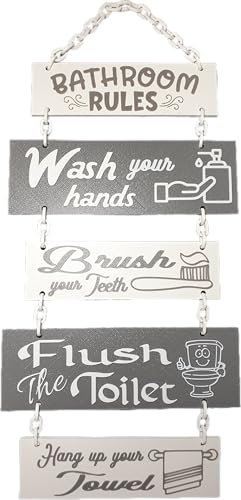 Grey White Bathroom Rules Plaque Ornament, Hanging Bathroom Rules Sign.