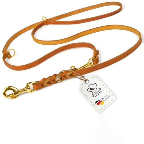 Hundeleine Leder 2,40m mittelgroße Hunde Fettlederleine [3-Fach Verstellbar] Lederleine geflochten – robuste Leine Hund mit Messingbeschlägen – Führleine Hund & Freihandleine – Dog Leash Cognac 12mm