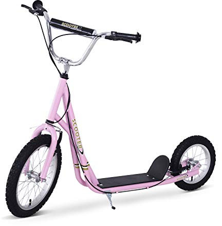 HOMCOM Patinete para Niños Mayores de 5 Años Scooter de 2 Ruedas Grandes con Doble Freno y Manillar Ajustable en Altura para Adolescentes Adultos 135x58x92-100 cm Rosa