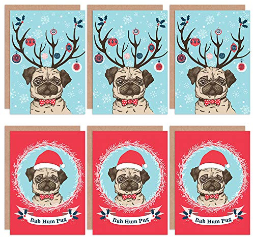 Wee Blue Coo Christmas Cards x6 Pug Dog Cute Funny Bah Humbug Set (2 Designs)