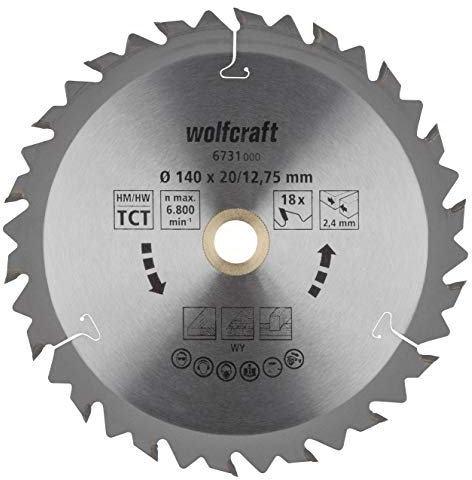 wolfcraft 6731000 1 Lame de Scie Circulaire Ø 140 mm, Ct, Alésage 12,75 mm, 18 Dents, Surface Poncée, Denture Sablée et Alternée Argent