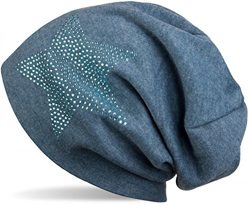 styleBREAKER Beanie Strass Stern Baumwollmix warm 59cm | Slouch Design. Glitzer Applikation. Bundweite 26cm. Höhe 26cm. elastisch. weiche Haptik. warme Qualität. Einheitsgröße.