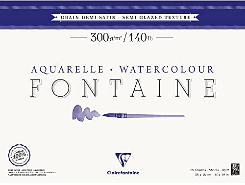 Clairefontaine 96408C Malblock, 4-seitig verleimt Aquarellpapier Halbsatiniert, Fontaine/Hadern, 36 x 48 cm, 25 Blatt, 300 g Packung, weiß