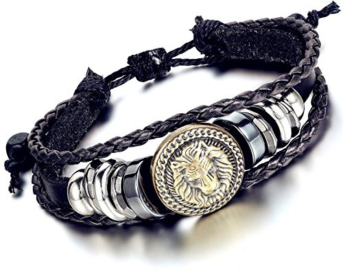 Flongo Lederarmband Männer Armband Damenarmband, Leder Armband Armreif Manschette Schwarz Braun Silber Löwe Tag Ringe Kugeln Surfer Wickeln Geflochten Motorradfahrer Biker Verstellbar