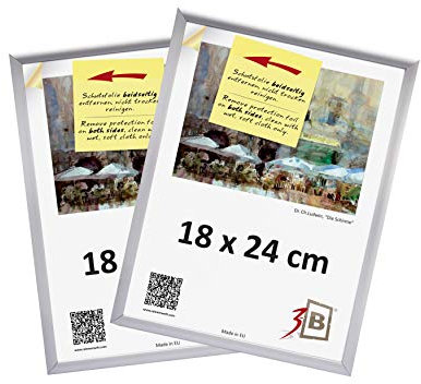 3-B Bilderrahmen ALU FOTO - 2-Pack - 18x24 cm - silber matt - Alurahmen, Fotorahmen mit Polyesterglas. Sparpaket!